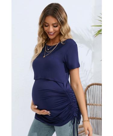 Sosolism 4 in 1 Maternity Nursing Dress | Short Sleeve Side Drawstring Top | Dark Blue | Women's Breastfeeding Apparel - Buy Online on GoSupps.com