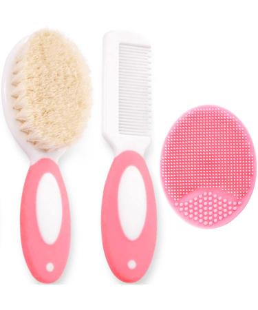 Baby Hair Brush and Comb Set for Newborns & Toddlers | Natural Soft Goat Bristles | with Silicone Cradle Cap Brush | Ideal for Cradle Cap | Perfect Baby Registry Gift (Pink)
