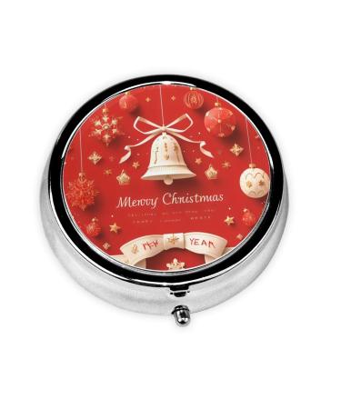 Christmas Bell Portable Metal Pill Box Round Mini 3-Compartment Plastic Insert hinged Fastening Design Suitable for Small Pills Must-Have for Travel Black
