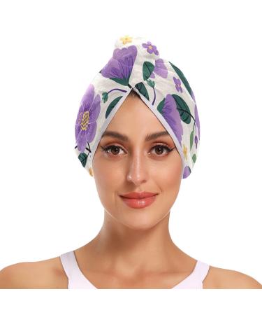 Purple Flowers Leaves Butterfly Hair Towel 2 Pack Super Absorbent Hair Drying Towel Quick Dry Hair Turbans Head Towel with Button Twisty Wrap for Women Girls