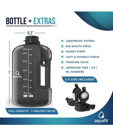 AQUAFIT 1 Gallon Water Bottle with Times to Drink - 128 oz - Motivational Time Marker - Large Sports Jug - Gym Hydration Tracker - Black Gray - Buy Online on GoSupps.com