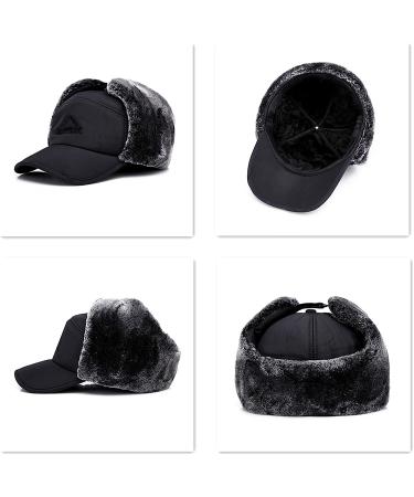 Men's Trapper Bomber Hat - Winter Russian Aviator Style with Ear Flaps, Fur Lined Facemask Cap in Black - Buy Online on GoSupps.com