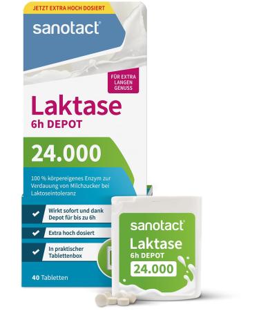 Sanotact lactase 24 000 6h depot (40 lactase tablets) Lactose tablets with depot effect for lactose intolerance & milk intolerance immediate effect & 6h long-term depot 24 000 depot 40 tablets - Buy Online on GoSupps.com