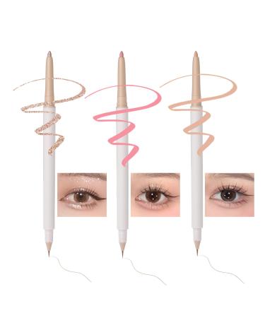 3PC Double Ended Highlighter Makeup Pen  Glitter & Matte Nude EyeLiner & Eyeshadow  Liquid Contour Liner 2 in 1 Eye Brightener Make Up Stick  Mulit-Funtional Long Lasting Lying Silkworm Pencil ( 01  04  05) 01_04_05