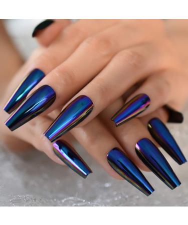 Shop EchiQ Chrome Diamond Blue Press On Fingernails | Extra Long Metallic Mirror Holo Fake Nails - Stylish Coffin Tips for Ladies - Buy Online on GoSupps.com