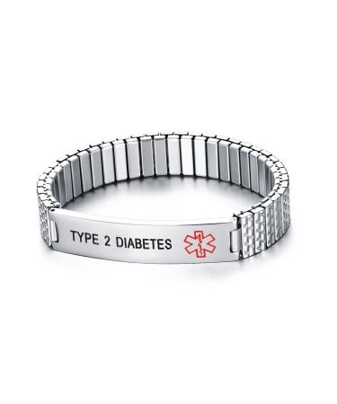 Mealguet jewelry TYPE 2 DIABETES- Unisex Stainless Steel Medical Alert ID Tag Stretch Wristband Bracelet/Deep Black engrave