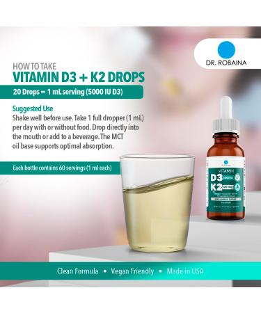 Dr. Robaina Vitamin D3 + K2 Drops Vegan MCT Oil Liquid Supplement 5000 IU D3 & 120 mcg MK-7 Sublingual Daily Vitamin D and K 1 Unit - Buy Online on GoSupps.com