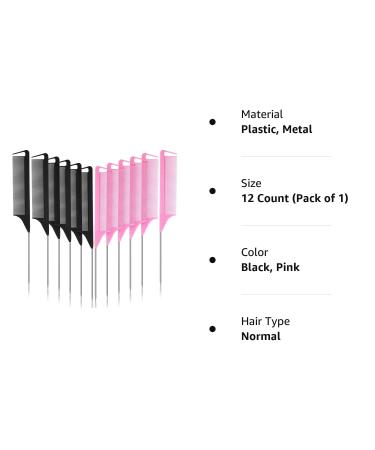 12-Piece Braiding & Styling Comb Set with Stainless Steel Pintail - Black Pink - Buy Online on GoSupps.com