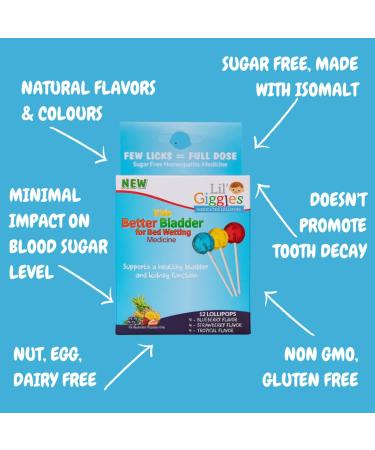 Buy Lil Giggles Kids Medicated Lollipops - Homeopathic Solution for Bedwetting - 12 CT - Blueberry Strawberry & Tropical Flavors - Buy Online on GoSupps.com