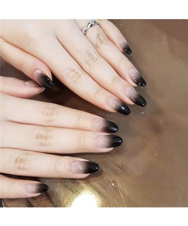 Ibliss Glossy Press on Nails Black Long Full Cover Fake Nails Oval Acrylic False Nails Gradient Nails for Women and Girls 24PCS (Black)