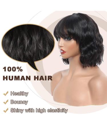 MISNEY 10 Inch Wavy Human Hair Bob Wig with Bangs for Black Women - 130% Density  Glueless Machine Made None Lace Front Wig - Natural Color - Buy Online on GoSupps.com
