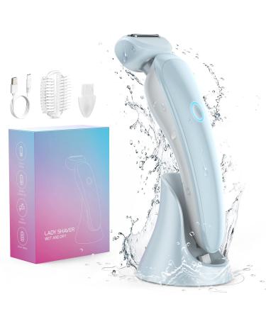 Electric Razors for Women, RenFox Electric Shaver for Women with LED Light, Body Hair Removal for Legs Underarms Pubic Hair Rechargeable Painless 3-Blades Wet Dry Use Bikini Razor with Base - Blue