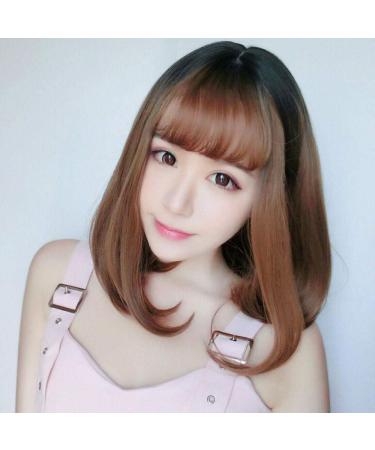 Wig Female Long Straight Hair Whole Top Qi Qi Bangs Buckle Clavicle in the Long Hair Natural Realistic Fluffy Wig Set Dark Brown Green Wood Linen Ash (Black On The Top)