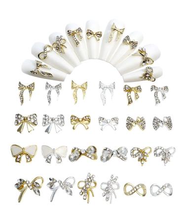 KACHIMOO 3D Nail Bows Charms 24 PCS Nail Charms Nail Bow Charms Alloy Pearl Bowknot Nail Accessory for Women Girls Nail Decorations Set-2