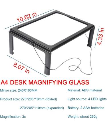 Magnifying Glass Desktop Full-Page 3X Magnifying Glass with 4 LED Lights Foldable Stand A4 Advanced Hands-Free 240 * 160 MM Lens Rectangular Visual Aids for Reading - Buy Online on GoSupps.com