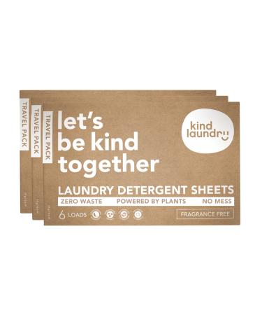 KIND LAUNDRY Travel Laundry Detergent Sheets (Pack of 3, Unscented), Award Winning Eco Friendly Laundry Sheets, Liquidless Travel Laundry Soap Sheets, Saves Space, Great for Hiking and Camping Fragrance Free 6 Count (Pack of 3)