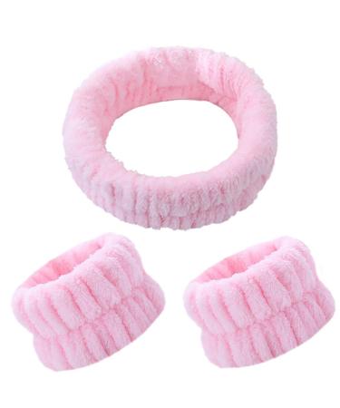 3pcs Face Wash Headband and Wristband Set Microfiber Elastic Absorbent Head and Wrist Bands for Washing Face Skincare Spa Headband Wristband Set Pink