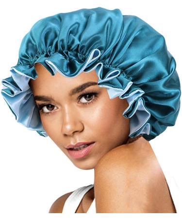 Peacock Blue Silky Satin Bonnet Cap for Curly Hair | Double Layer Hair Wrap for Women - Sleep Bonnets - Buy Online on GoSupps.com