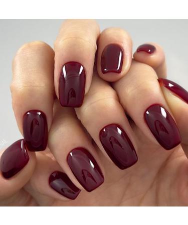 GLAMERMAID Dark Red Press on Nails Medium Square Burgundy False Nails with Glue Pure 24 Pcs Glue on Nails Reusable Glossy UV Finish Fake Nails Acrylic Stick on Nails Manicure Kits for Women Girls Agate red