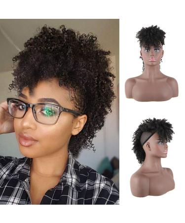 CINHOO Jerry Curls Mohawk High Puff Hair Bun Coily Hair Ponytail Drawstring with Bangs Synthetic Fauxhawks Afro High Puff Kinky Curly Pony Tail Clip in on Wrap Updo Hair Extensions for Women (1B)