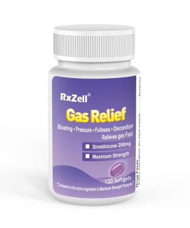RXZELL Gas Relief Maximum Strength Simethicone 250mg 120 Softgels - Anti Flatulence Relieves Gas Fast Bloating Aid Stomach Discomfort Fullness and Pressure Relief Pills 120 Count (Pack of 1)