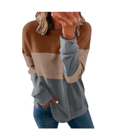FUAIOKT Womens Dressy Casual Long Sleeve Crewneck Sweatshirts Zip Up Striped Loose Tops Trendy Color Block Pullover Shirts D-coffee X-Large