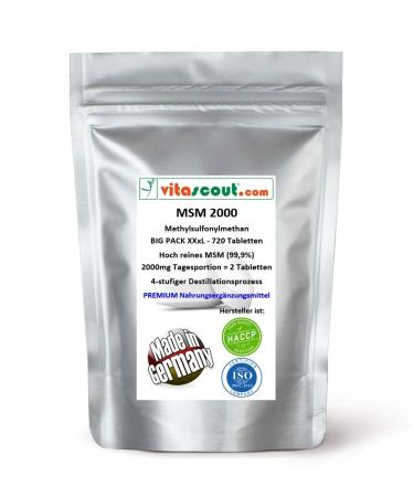 MSM - Methylsulfonylmethan - 720 tablets - 2000mg daily portion ( 2 tablets) - 99.9% purity - laboratory testing - high -dosed - made in Germany