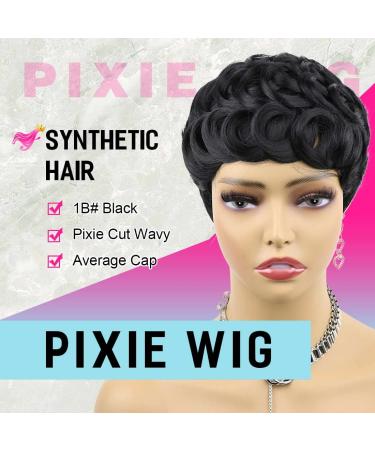 Flandi Short Curly Pixie Wig for Black Women - Synthetic Hair Short Wavy Pixie Cut with Bangs in Natual Black (1B#) - Buy Online on GoSupps.com