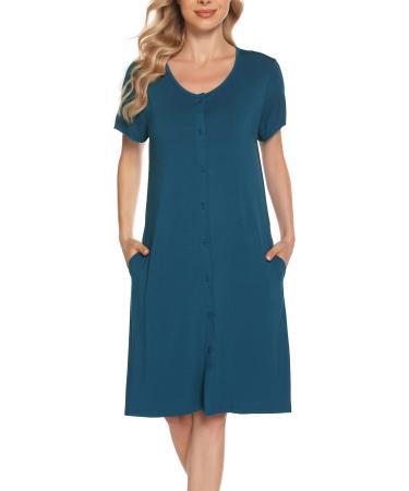 Lovasy Women's Nightdresses&Nightshirts Soft Nighties for Women Maternity nightdress Ladies Button Down Nightdress Nighties Nursing Labour Night Dress with Pockets Blue Green XL