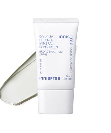 innisfree Daily Mineral UV Defense SPF 45 Face Sunscreen with Green Tint Hyaluronic Acid Korean Skincare Color Correcting Formula