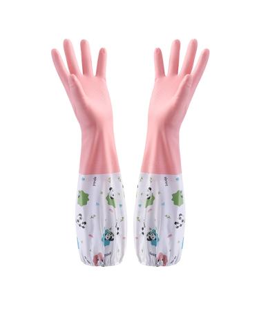 GIFZES Housekeeping Gloves 1 Pair Cleaning Cute Panda Pattern Dishwashing Waterproof Plush Housework for Home Kitchen Autumn Large Pink
