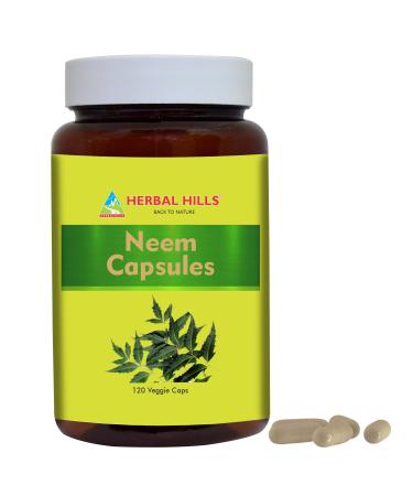 HERBAL HILLS Neem Capsules 120 Vegie Capsules Neem Leaf Azadirachta Indica 700 mg Powder and Extract Blend in a Capsule