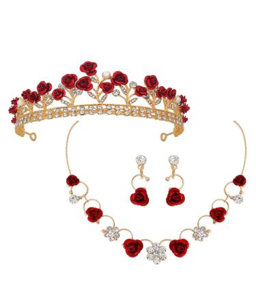 Lurrose Crystal Bridal Tiara Crown Rose Flower Queen Crowns Headbands Wedding Pageant Birthday Party Crowns Headpiece with Necklace Earring for Women and Girls (Red)