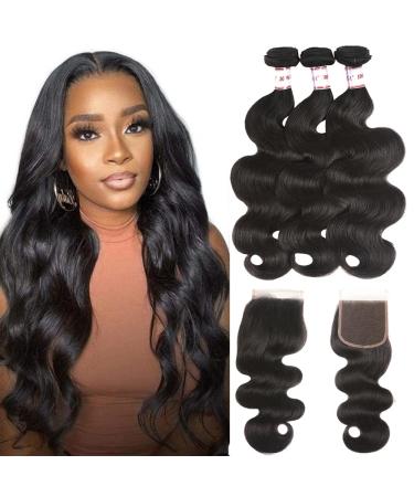 Karbalu 10A Brazilian Human Hair Body Wave 3 Bundles with Lace Closure 4x4 Free Part 100% Unprocessed Remy Human Hair Bundles with Closure Wet and Wavy Double Weft Natural Color (14 16 18+12) 14 16 18+12 bundles with closure