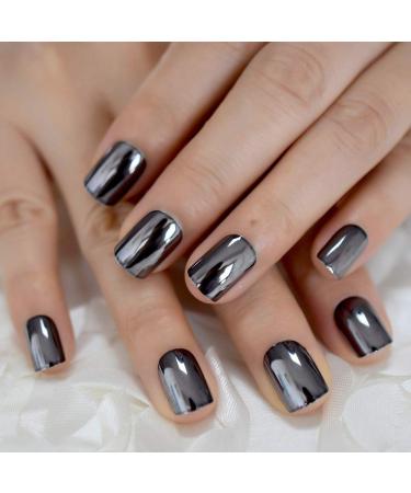 Reflective Mirror Metal Plating False French Acrylic Nail Tips in Dark Smoky Gray - Punk Metallic Square Fake Nails | CoolNail L5187 - Buy Online on GoSupps.com