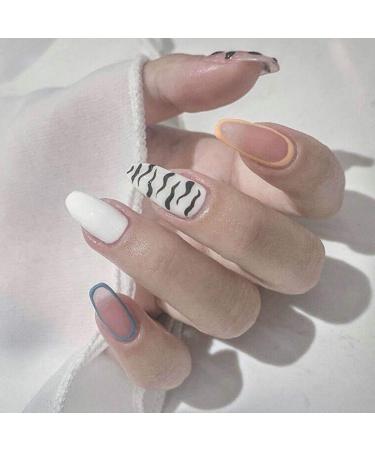 Bohend oval false fingernails white zebra wrong nails glossy nails glue 24 pieces acrylic press on nail tips for women and girls