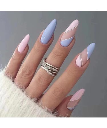 JUSTOTRY 24 Pcs Almond Fake Nails Short Matte French Stick on Nails Patterns Pale Blue and Pink Swirl False Nails Short Stiletto Press on Nails for Women Nail Fake Nail with Glue for Nails Art blue & pink 1