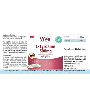  ViVe Supplements L-Tyrosine 500 mg - 60 capsules - high dosed - proteinogenic amino acid - German quality ViVe Supplements - Buy Online on GoSupps.com