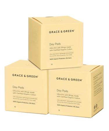 Grace & Green - Cotton Day Sanitary Pads - with Wings - 100% Organic Biodegradable Cotton - Individually Wrapped - Free from Plastic - 30x Pads 30 Pads Day