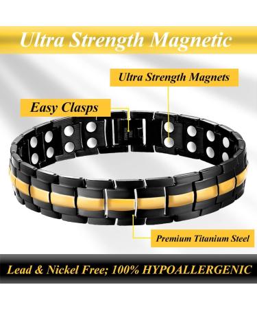 Vicmag Men Magnetic Bracelet - Double Row 3500 Gauss Titanium Steel Wristband in Black Gold Line with Adjustment Tool & Gift Box - Buy Online on GoSupps.com