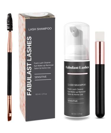 Lash Shampoo for Lash Extensions Kit - Cleaning Brush & Mascara Wand - Sensitive Foaming Eyelash Extension Cleanser Eye Makeup Remover - Paraben, Sulfate, & Oil Free - Salon Use & Home Care (60ml/ 2fl Oz)