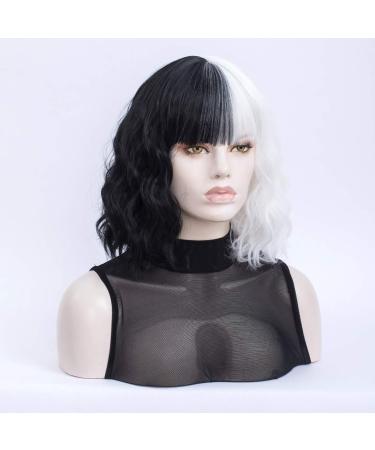 Morticia White & Black Short Curly Wig | Heat-Resistant Synthetic Bob with Full Bangs - Perfect for Women - Buy Online on GoSupps.com