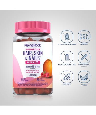 Piping Rock Hair Skin and Nails Vitamins | 80 Gummies | 2500 mcg of Biotin | Womens Multivitamin | with Vitamin C and E | Fruit Flavor | Non-GMO Gluten Free Supplement - Buy Online on GoSupps.com