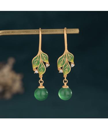 Accessories Earrings Antique Gold Plated Green Leaf Natural Jade Bead Ear Hook Earrings For Women EC107