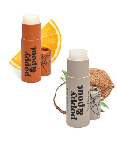 Poppy & Pout Jumbo Lip Balm 2 Pack All Natural Lip Balms & Moisturizers Hydrates with Beeswax Vitamin E Organic Coconut Island Coconut & Orange Bloom