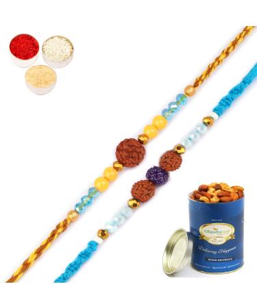 Ghasitaram Gifts Rakhi for Brother Rakhis Online - Set of 2-1906 and 1907 Rudraksh Rakhis with 100 GMS of Dryfruits Mix Can