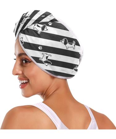 Black & White Striped Dog Pattern Quick Dry Hair Cap Set | Super Absorbent Towel & Button Headband | Soft Comfortable 2-Piece | International Shipping - Buy Online on GoSupps.com
