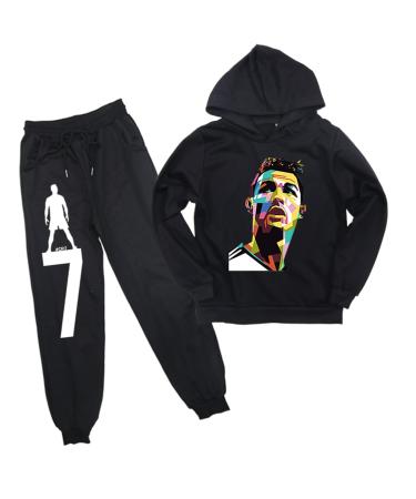 mencoo Boys Cristiano Ronaldo Pullover Long Sleeve Hooded and Sweatpants Sets-Casual 2 Pieces Sweatshirts Suit for Kids Black 6-7 Years