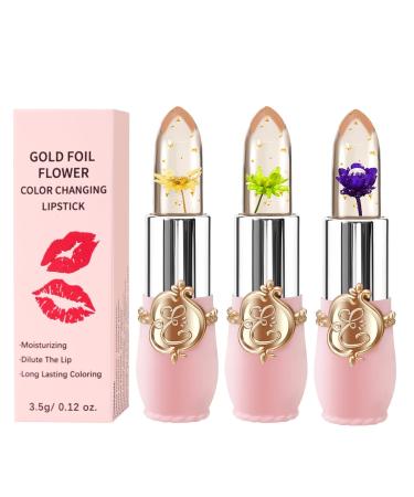 3 Packs Flower Jelly Lippenstift Set Magic Temperature Color Change Lip Balings Long -lasting moisturizer Aloe Vera Flower Jelly Lipstift MakeUp Set (3PCS SET B)
