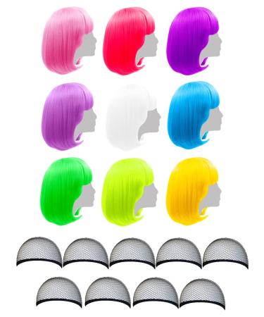 LIULIUBTY 9 Pieces Short Bob Hair Wigs 12 Straight with Flat Bangs Synthetic Fluorescence Colorful Cosplay Daily Party Costume Wig for Women+ Free Wig Cap